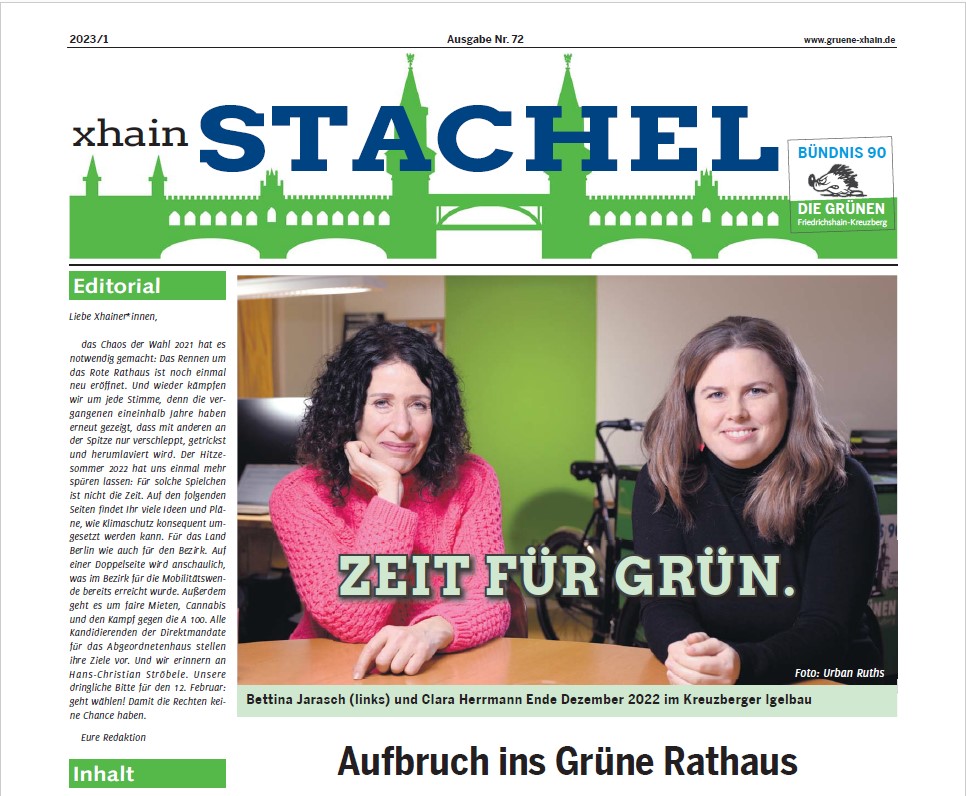 Stachel 2023 Coverfoto Gruenes Rathaus mit Jarasch und Herrmann